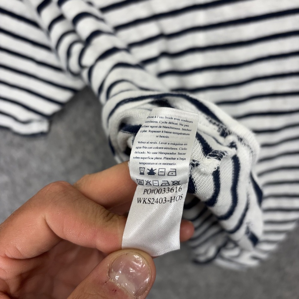 Faherty Oceanside Shirt Womens Small White Navy Stripe Linen V-Neck Short Sleeve - Picture 8 of 9